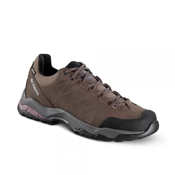 Brown hiking shoe with black sole on a white background