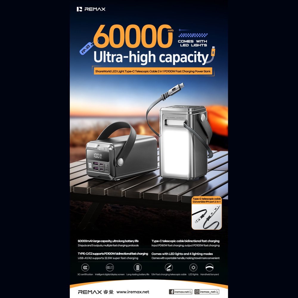 Remax FP-33 60000mAh 100W Power Bank with LED Light Grey, features poster