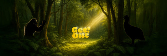 A New Zealand forest scene. The Get Out logo is illuminated in a clearing. A yeti and a moa are looking on from the shadows.