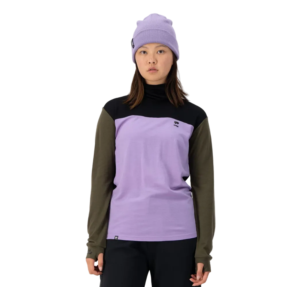 Mons Royale Womens Yotei High Neck LS Logo Lupin / Dark Olive / Black