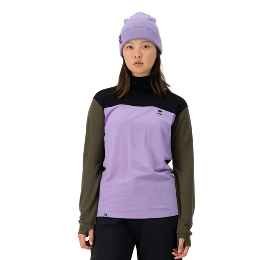 Mons Royale Womens Yotei High Neck LS Logo Lupin / Dark Olive / Black