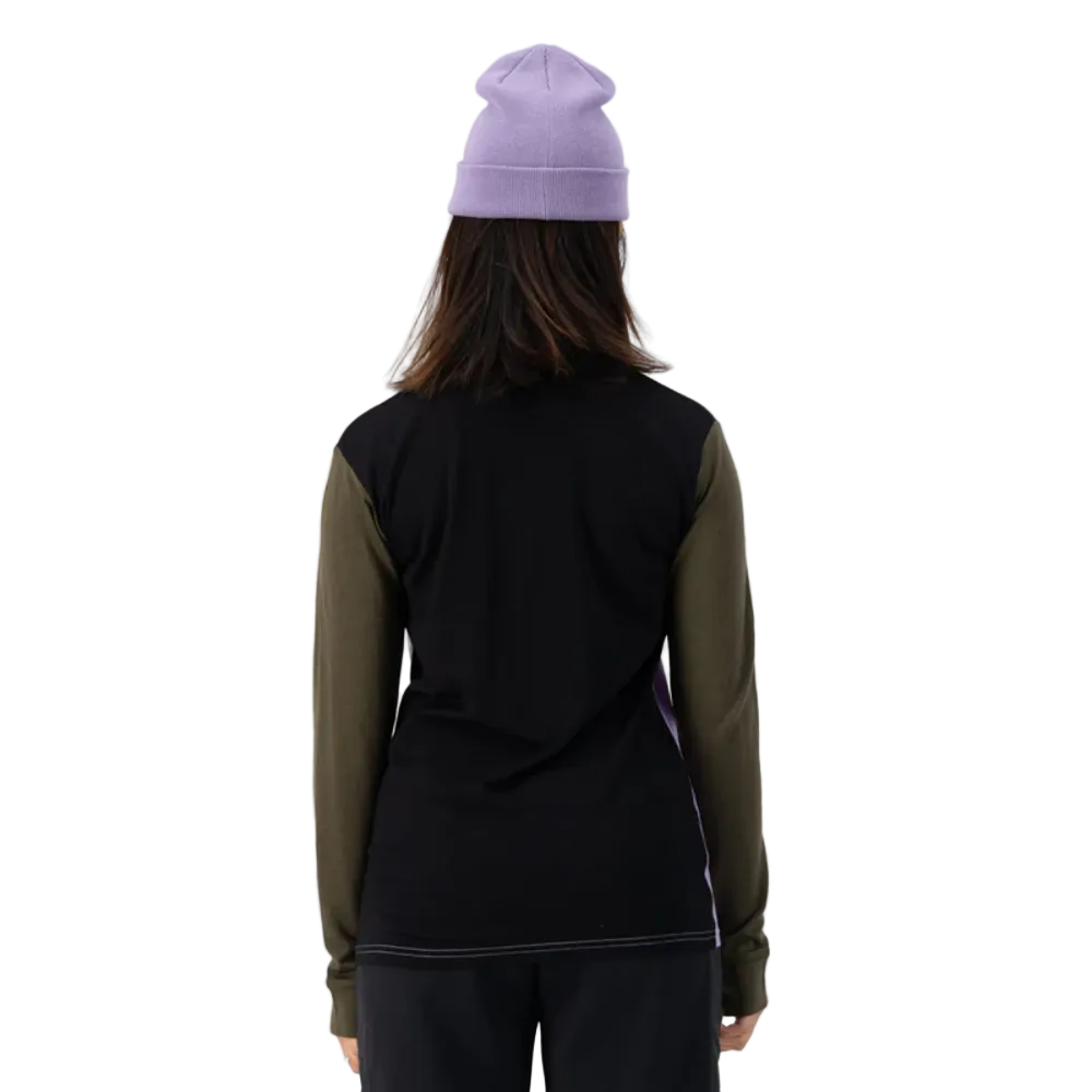 Mons Royale Womens Yotei High Neck LS Logo Lupin / Dark Olive / Black