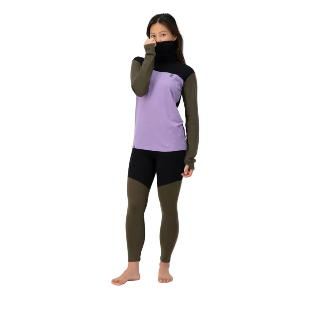 Mons Royale Womens Yotei High Neck LS Logo Lupin / Dark Olive / Black