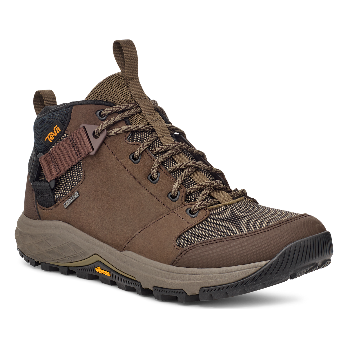 Teva Grandview GTX men's hiking boot in Chocolate Brown/Dark Olive, angle view
