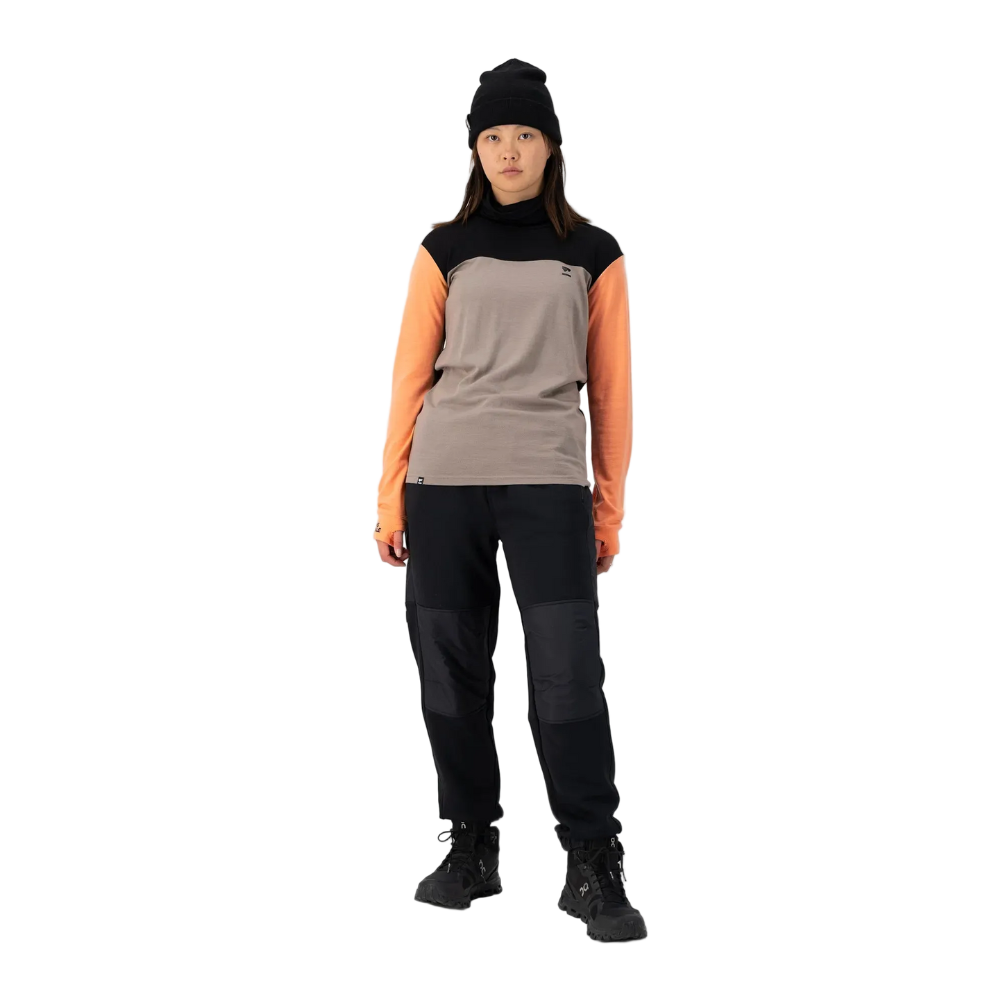 Mons Royale Womens Yotei High Neck LS Logo Punch / Cinder / Black
