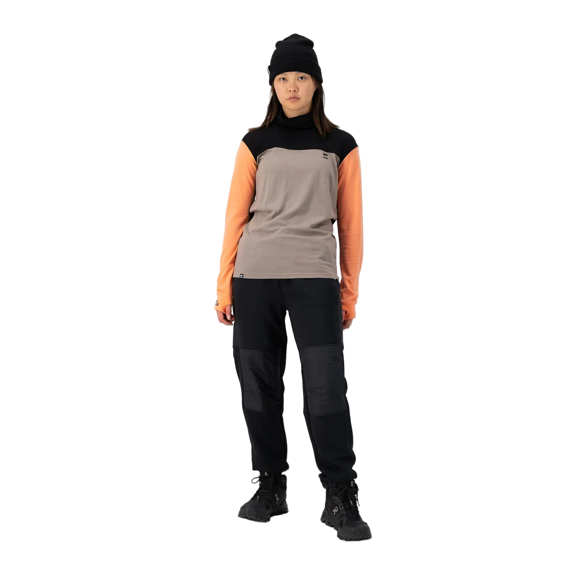 Mons Royale Womens Yotei High Neck LS Logo Punch / Cinder / Black