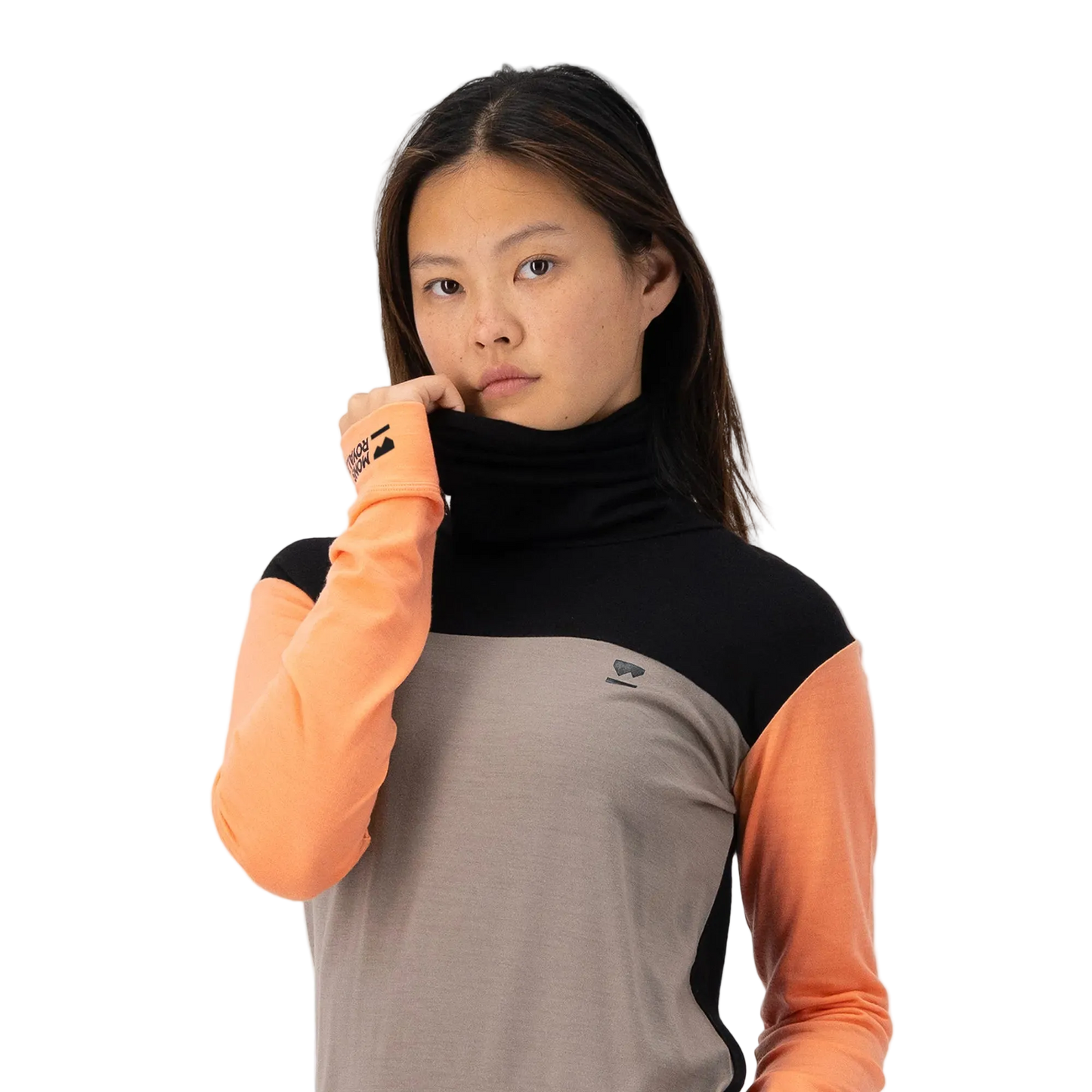 Mons Royale Womens Yotei High Neck LS Logo Punch / Cinder / Black