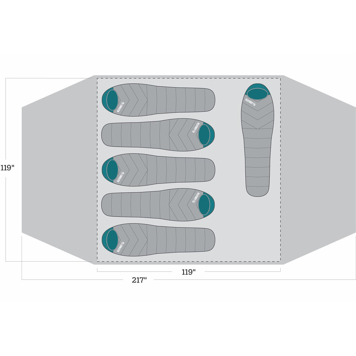 Klymit Cross Canyon 6 Tent floor plan with six sleeping spots, in inches