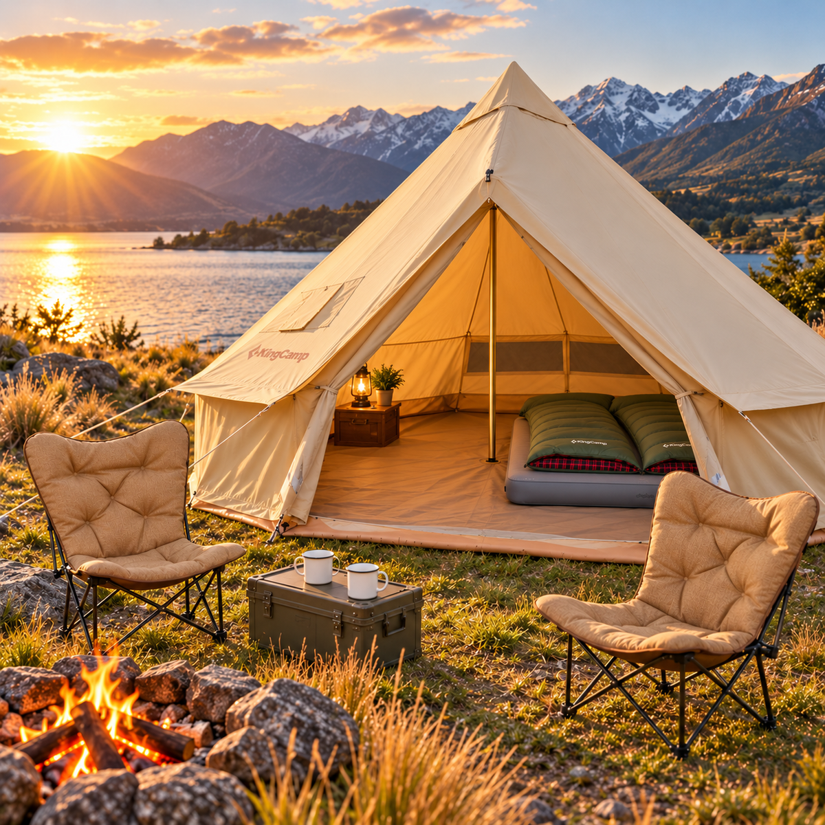 KingCamp Glamping Package - Tent, Sleeping Bags, Double Luxury Mat and 2 Butterfly Chairs Bundle