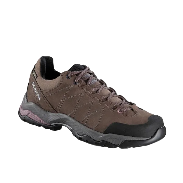 Brown hiking shoe with black sole on a white background