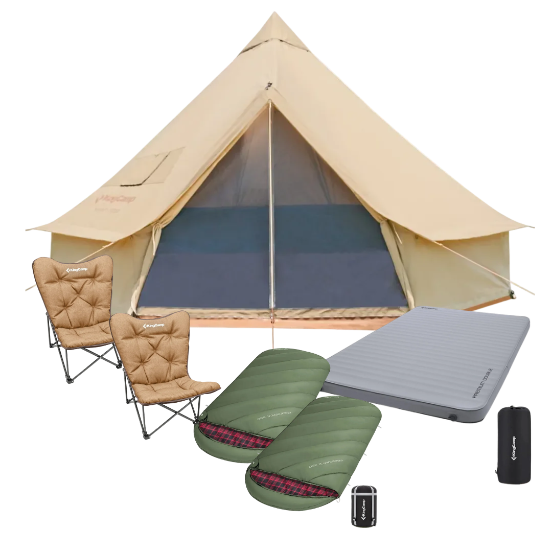 KingCamp Glamping Package - Tent, Sleeping Bags, Double Luxury Mat and 2 Butterfly Chairs Bundle