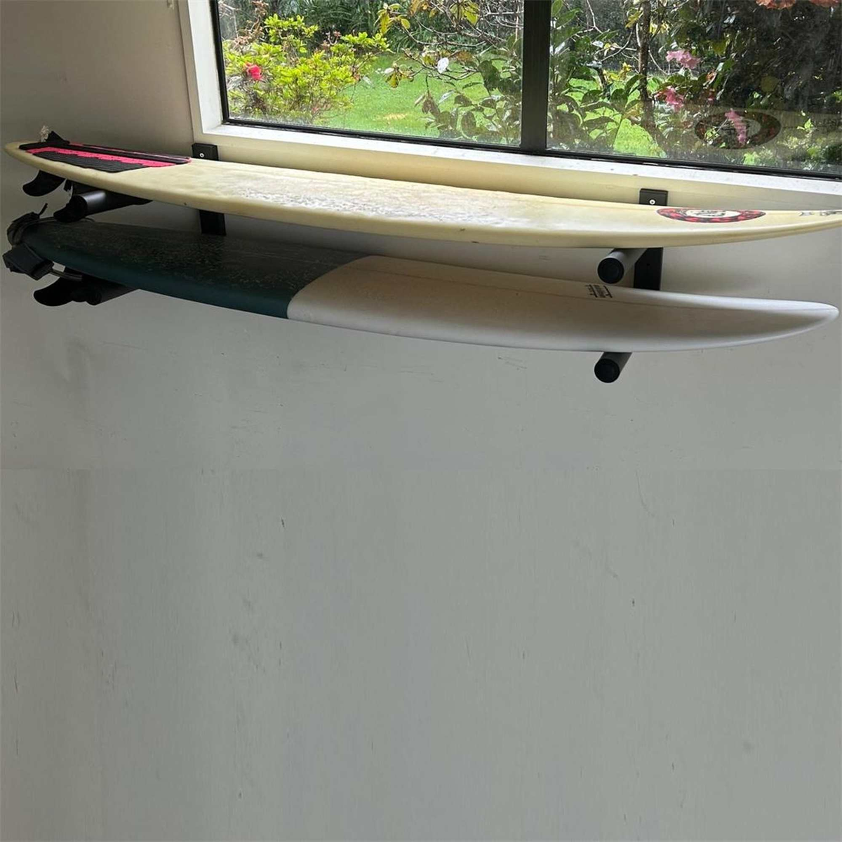 Double$down 2 board wall rack - pair, holding two surfboards
