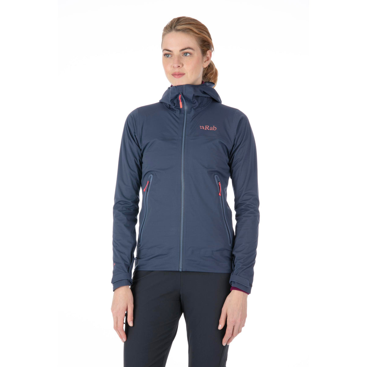 Rab Kinetic Plus Women's Jacket in Steel, worn, front