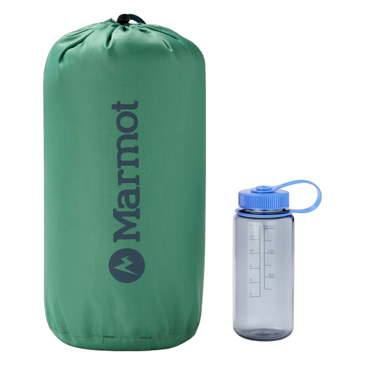 Marmot Lost Coast 30 Sleeping Bag in its stuff sack, next to a drink bottle