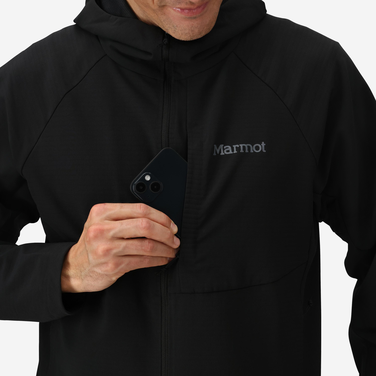 Marmot Pinnacle DriClime Hoody chest pocket with phone