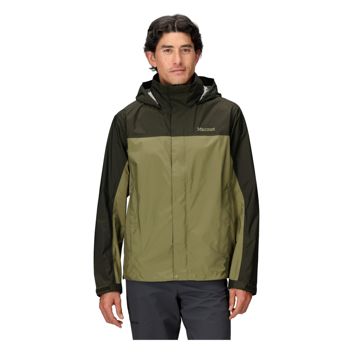 Marmot PreCip Eco Men's Rain Jacket in Rosin Green/Olive Grove, front