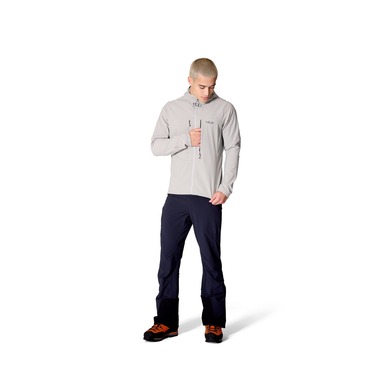 Rab Ascendor Pro Men's Hoody in Light Zinc, worn, full length