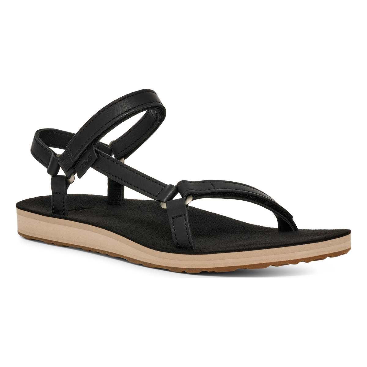 Teva Original Universal Slim Leather women's sandal in Black/Tan, angle view